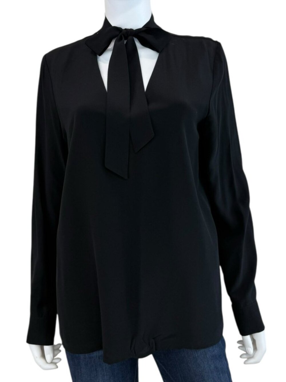 Judith & Charles Black 100% Silk Tie Neck Blouse Size 10 K0856